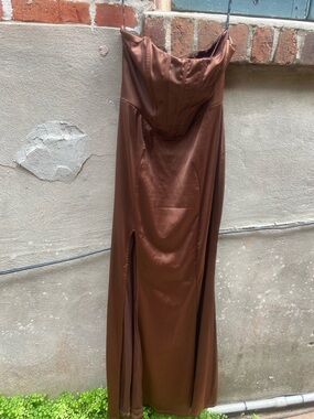 Club L London Satin Strapless Copper Brown Maxi Gown